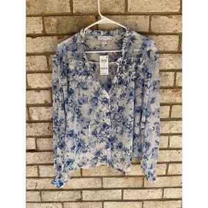 And Now This Women’s White & Blue Floral Long Sleeve Blouse Size Large NWT